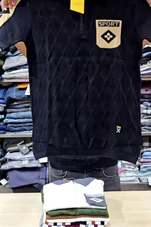 π Menβs Navy Knitted Polo Shirt with Zip β Slim Fit Retro Style Cotton Blend T-Shirt β¨